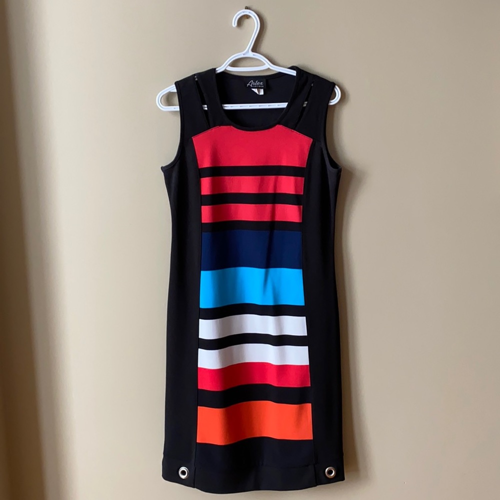Artex Fashions👗 Sleeveless Black Dress with Red, Blue White and Orange Stripes